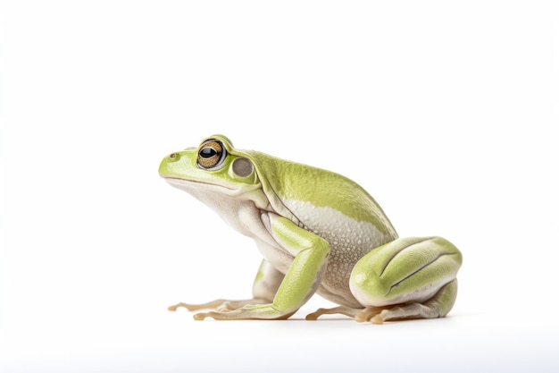 Foto la rana está sentada de perfil y aislada en blanco.