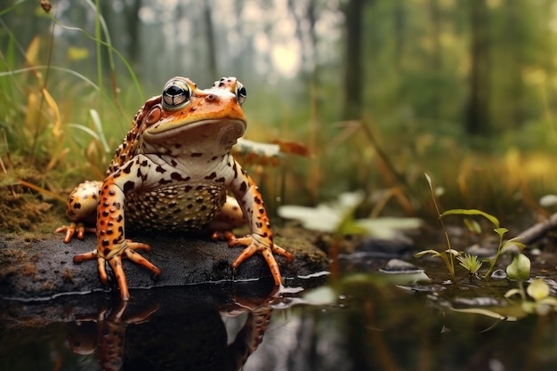 rana sentada en la piedra en el paisaje natural cerca del lago generativo ai