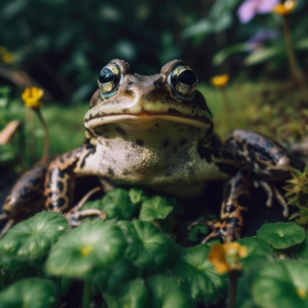 Una rana sentada sobre un exuberante campo verde Imagen generativa de IA