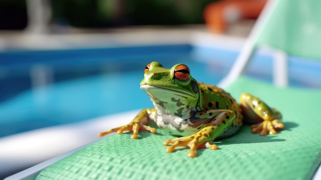 Una rana se sienta en una alfombra de piscina frente a una piscina.