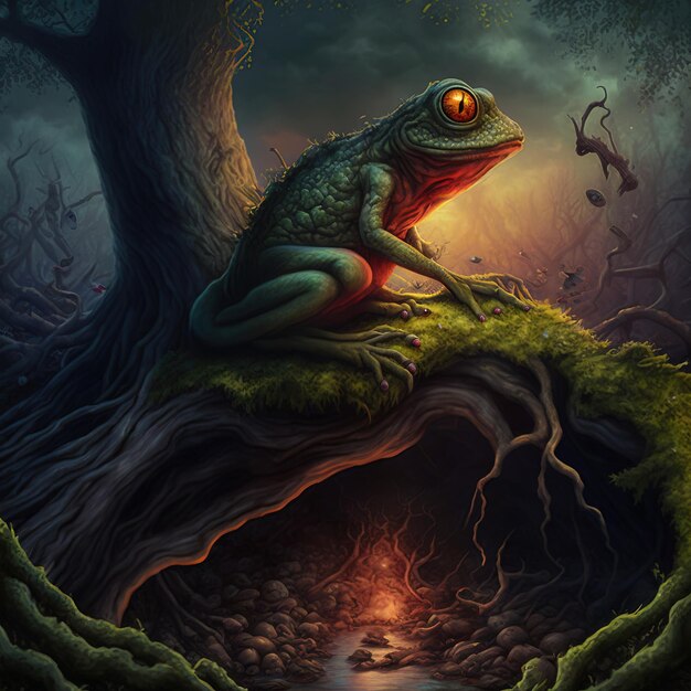 Foto una rana se sienta en un árbol con un estanque en el fondo