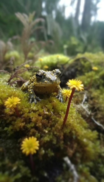Foto una rana se sienta en un área cubierta de musgo con flores amarillas y la palabra rana.