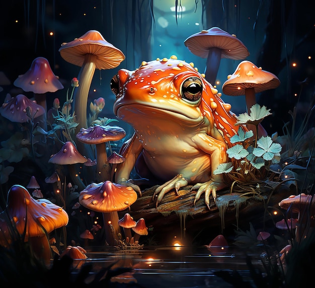 Una rana se sienta en un bosque con hongos y setas.