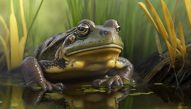 Una rana se sienta en un estanque con un fondo verde