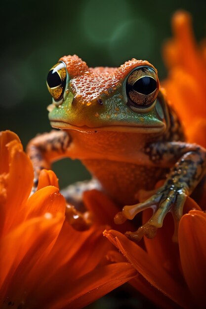 Una rana se sienta en una flor de naranja.