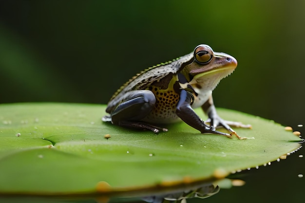 Una rana se sienta en una hoja en un estanque.