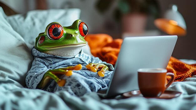 una rana se sienta en una manta junto a una computadora portátil y una taza de café