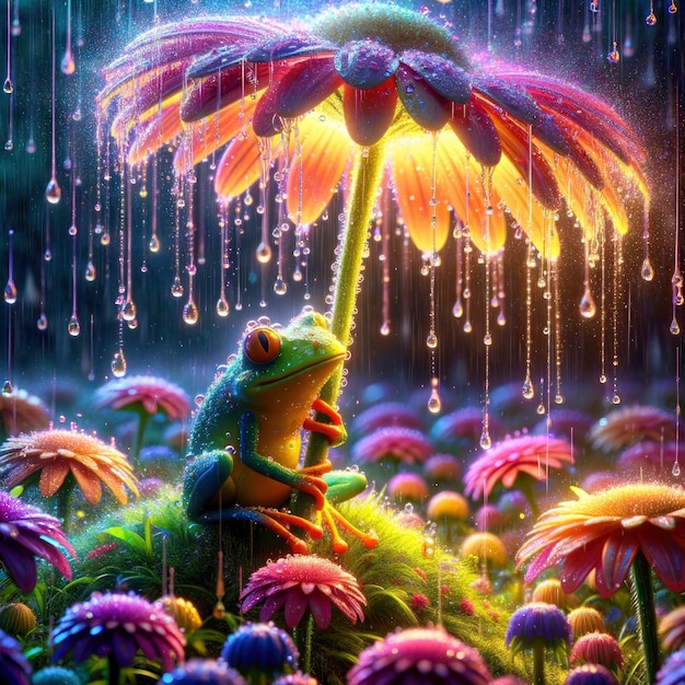 una rana se sienta bajo un paraguas con gotas de lluvia en él