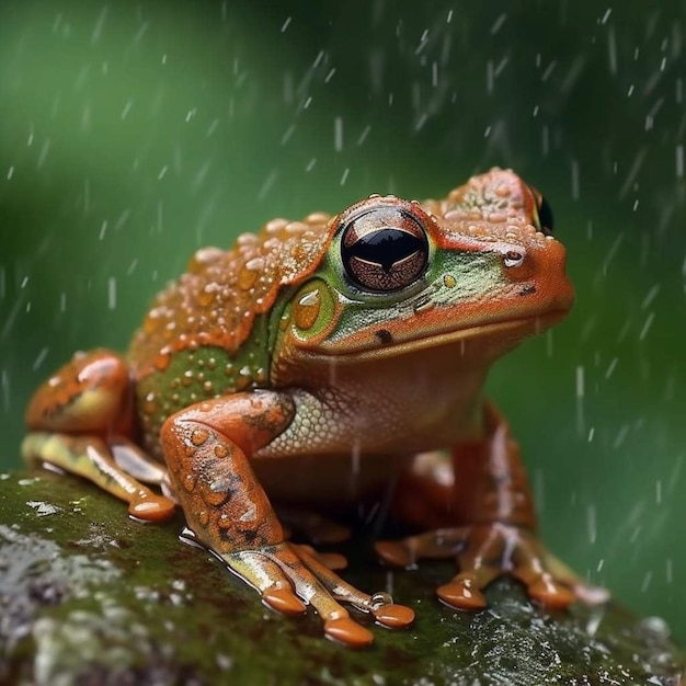 Foto una rana se sienta en una rama bajo la lluvia.