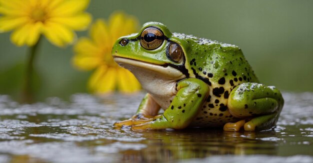 una rana se sienta en una superficie húmeda con una flor amarilla en el fondo