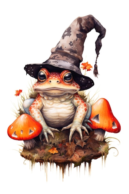 Una rana con un sombrero de bruja y sosteniendo una imagen de ai generativa de calabaza