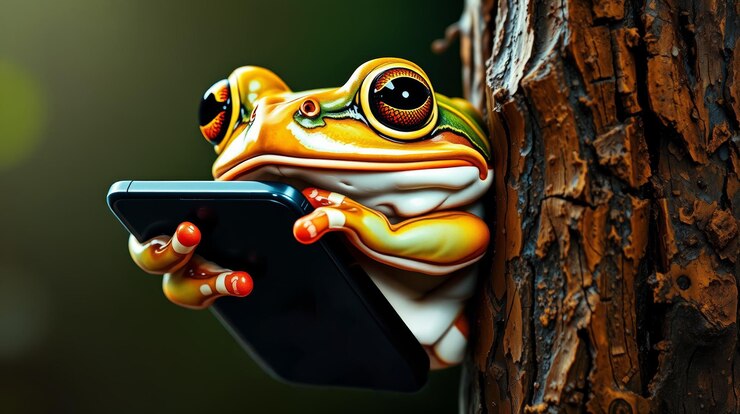 Foto una rana con un teléfono en la mano y un árbol con una imagen de una rana en él