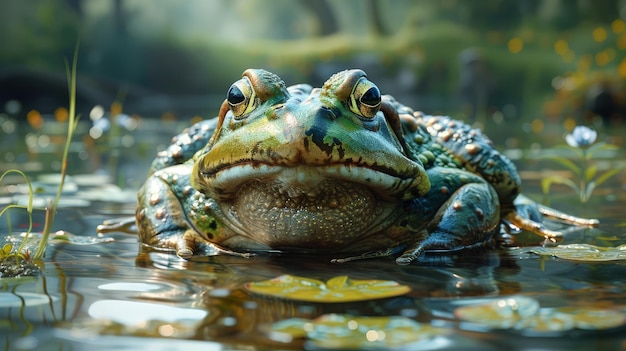 Rana toro en el borde de los estanques gran presencia de mando fotorrealista HD