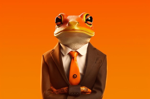 Foto rana con traje y corbata sobre un fondo naranja concepto de negocio ai generativo