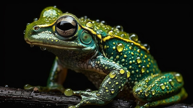 Una rana verde con un cuerpo amarillo y verde se sienta en una rama.