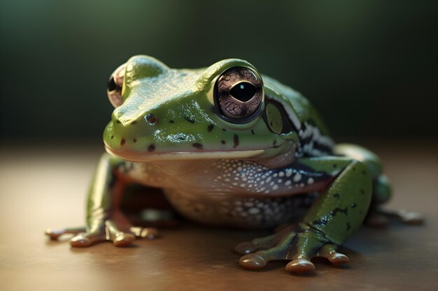 Una rana verde con un gran ojo marrón se sienta sobre una mesa.