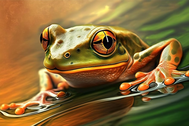 Una rana verde grande con ojos grandes yace sobre una superficie lisa del agua IA generativa
