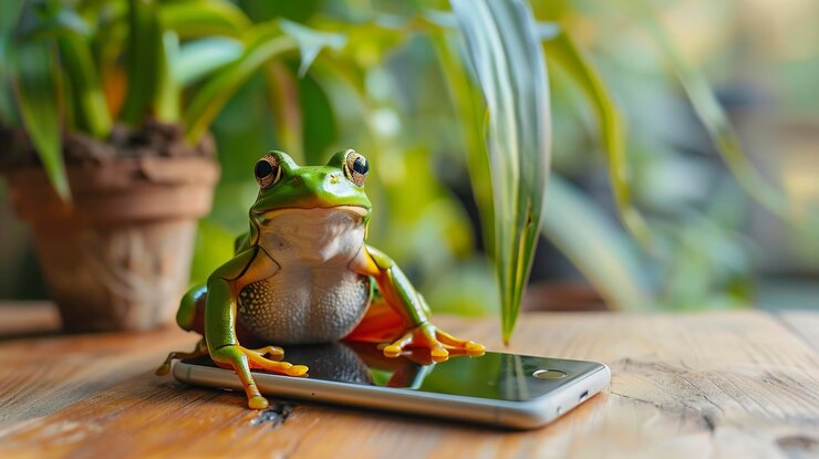 Foto una rana verde sentada en un teléfono inteligente colocado en una madera