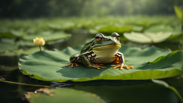 Una rana verde sobre una hoja de loto verde.