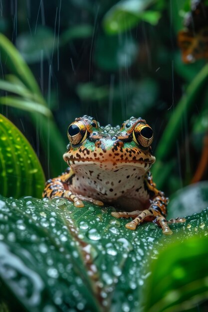 Foto rana vibrante en una hoja húmeda