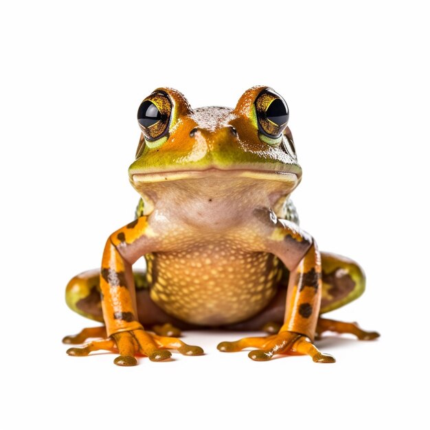 Una rana con un vientre amarillo y manchas naranjas se sienta sobre un fondo blanco.