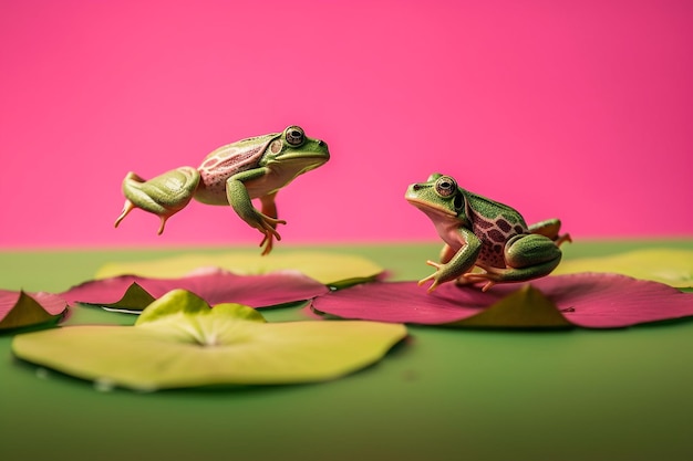 Ranas en una almohadilla de flores con una sentada en ella