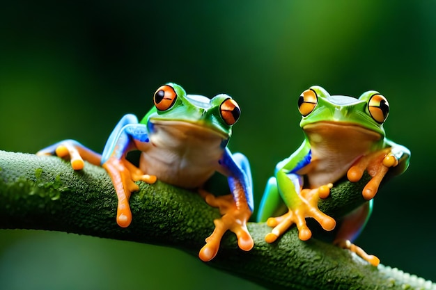 Ranas en una rama con fondo verde