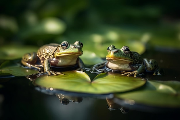 Foto ranas sentadas en una hoja con gotas de agua en el fondo.