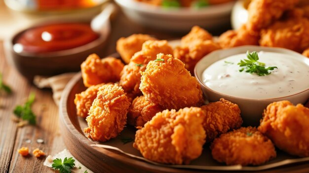 Ranch Dipped Crispy Fried Chicken Nugget gegen einen verschwommenen Party-Hintergrund