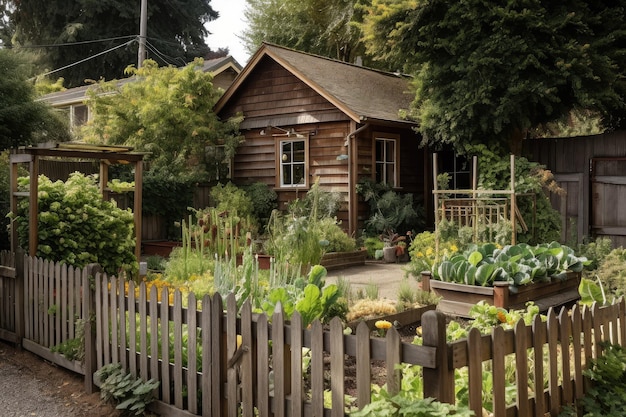 Ranchhaus mit Gemüsegarten und Holzzaun im Hof