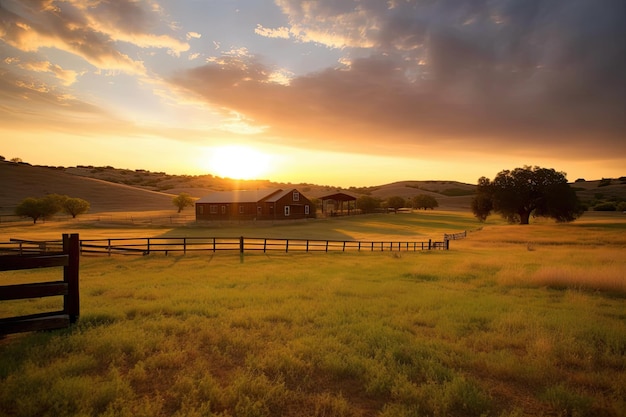 Foto rancho com vista deslumbrante para o pôr do sol cercado por campos e pastagens criados com ai generativa