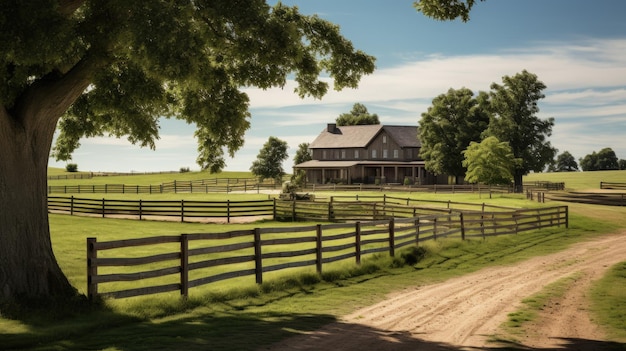 Rancho de cavalos com paisagem verde