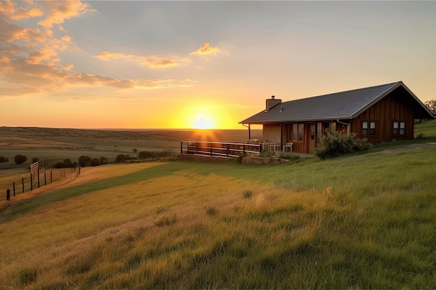 Rancho con vista panorámica del atardecer rodeado de campos y pastos