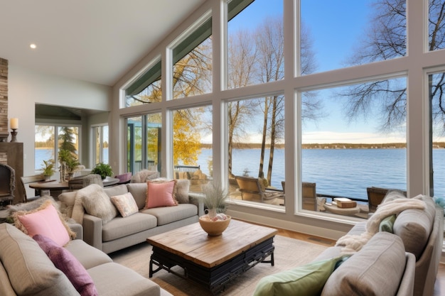 Los ranchos modernos tienen ventanas sobredimensionadas con vistas al lago.
