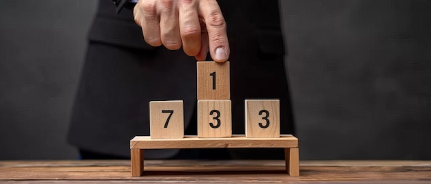 Rang und Strategie Konzept Gewinner Podium Geschäftshierarchie Businessman39s Hand wählt die Nummer 1 auf dem Podium mit den Nummern 2 3 von Holzblöcken