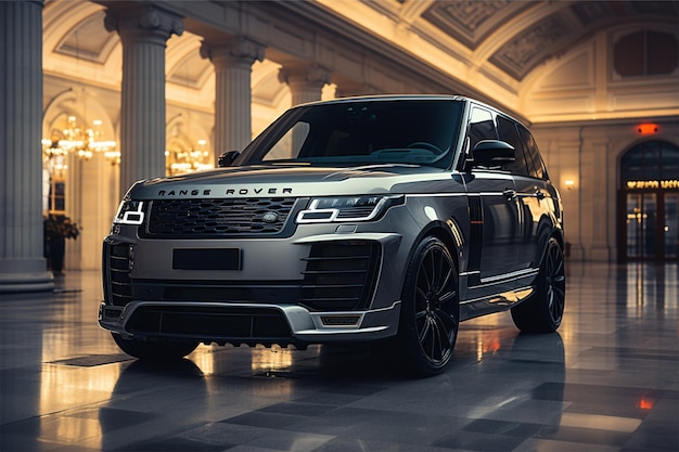 Range Rover SUV em showroom detalhe macro Len