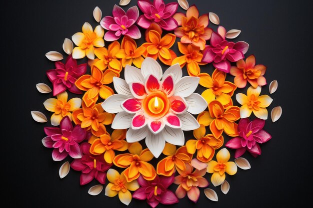 Foto rangoli de flores para diwali feito usando flores coloridas em fundo branco