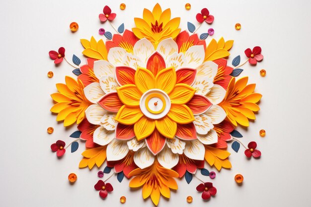 Foto rangoli de flores para diwali feito usando flores coloridas em fundo branco