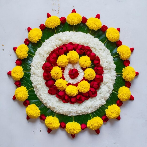 Rangoli de flores para Diwali ou onam ou pongal sobre cena branca