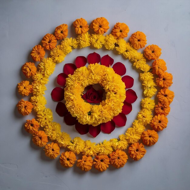 Foto rangoli de flores para o festival de diwali ou pongal feito usando flores de margarida ou zendu e pétalas de rosa