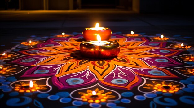 Rangoli-Design rund um die Diwali-Lampe