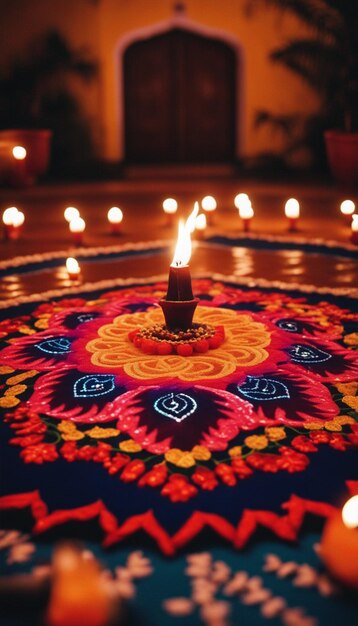 Rangoli feito no Diwali na frente da casa na imagem do festival Diwali gerada ai