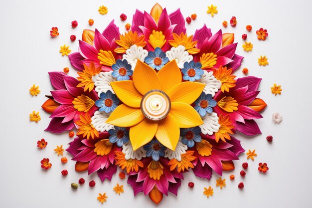 Foto rangoli de flores para diwali hecho con flores coloridas sobre un fondo blanco