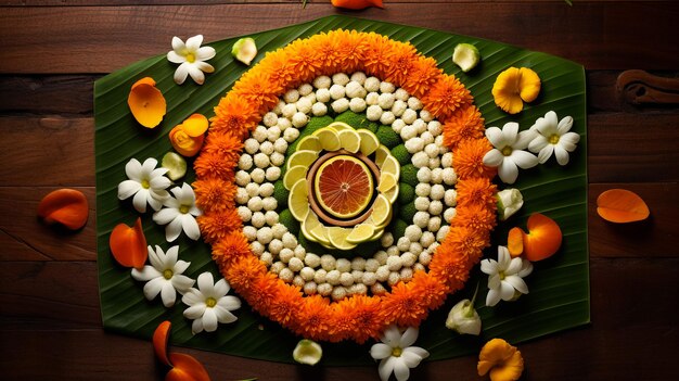 Rangoli de flores para Diwali o pongal hecho con flores de caléndula o zendu y pétalos de rosa roja sobre un fondo blanco con Diwali diya en el centro de enfoque selectivo