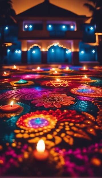 Rangoli hecho en Diwali frente a la casa en la imagen del festival Diwali generada por ai