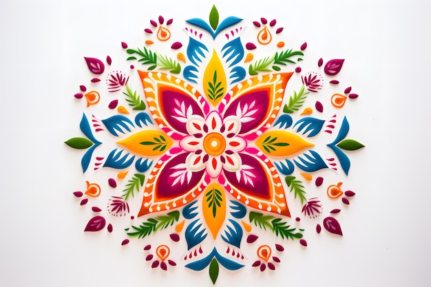 Foto rangoli-mandala-design mit leuchtenden farben, musterhintergrund isoliert auf weiß