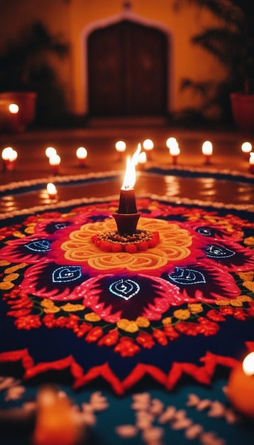 Rangoli wurde an Diwali vor dem Haus gemacht. Das Bild zum Diwali-Fest wurde von der KI erstellt