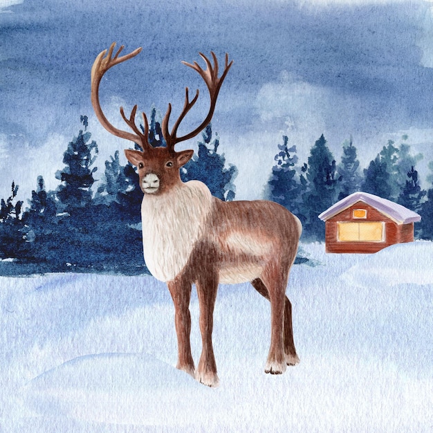 Rano en un paisaje nevado con bosque y una cabaña de madera en el fondo ilustración de acuarela Arte dibujado a mano perfecto para tarjetas carteles libros decoración para el hogar para niños productos de clip art de invierno