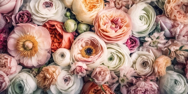 Ranúnculo colorido pastel e flores de anêmona Fundo floral AI gerado