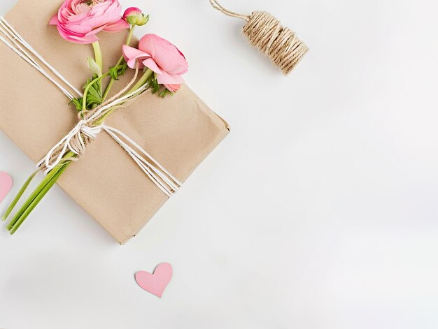 Foto ranúnculo rosado con caja de regalo de arte de fondo blanco